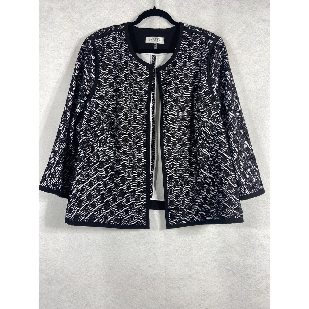 Kasper Jacket Women's 24W Black White Blazer Long Sleeves Open Mesh